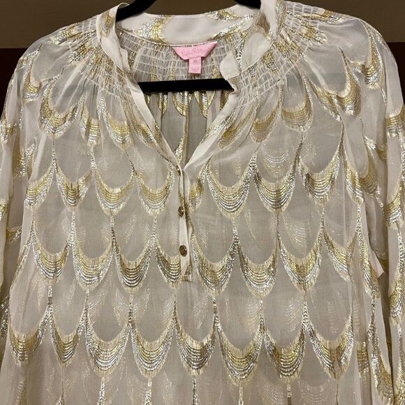 EUC Lilly Pulitzer Metallic Semi Sheer Elsa Blouse Top Ivory Gold Silver Size XS - Picture 2 of 2